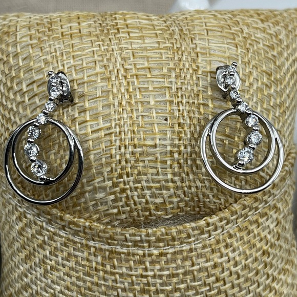 Vintage Sterling Silver Double Hoop Earrings with CZ Accents, Rhodium Plated - Picture 7 of 15